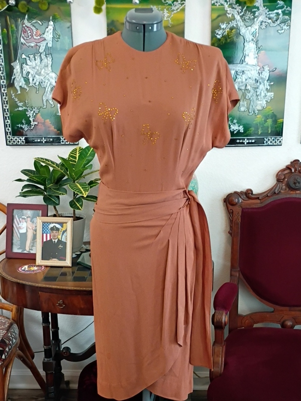 Vintage 1940s Orange Cocktail Dress Size Extra Small